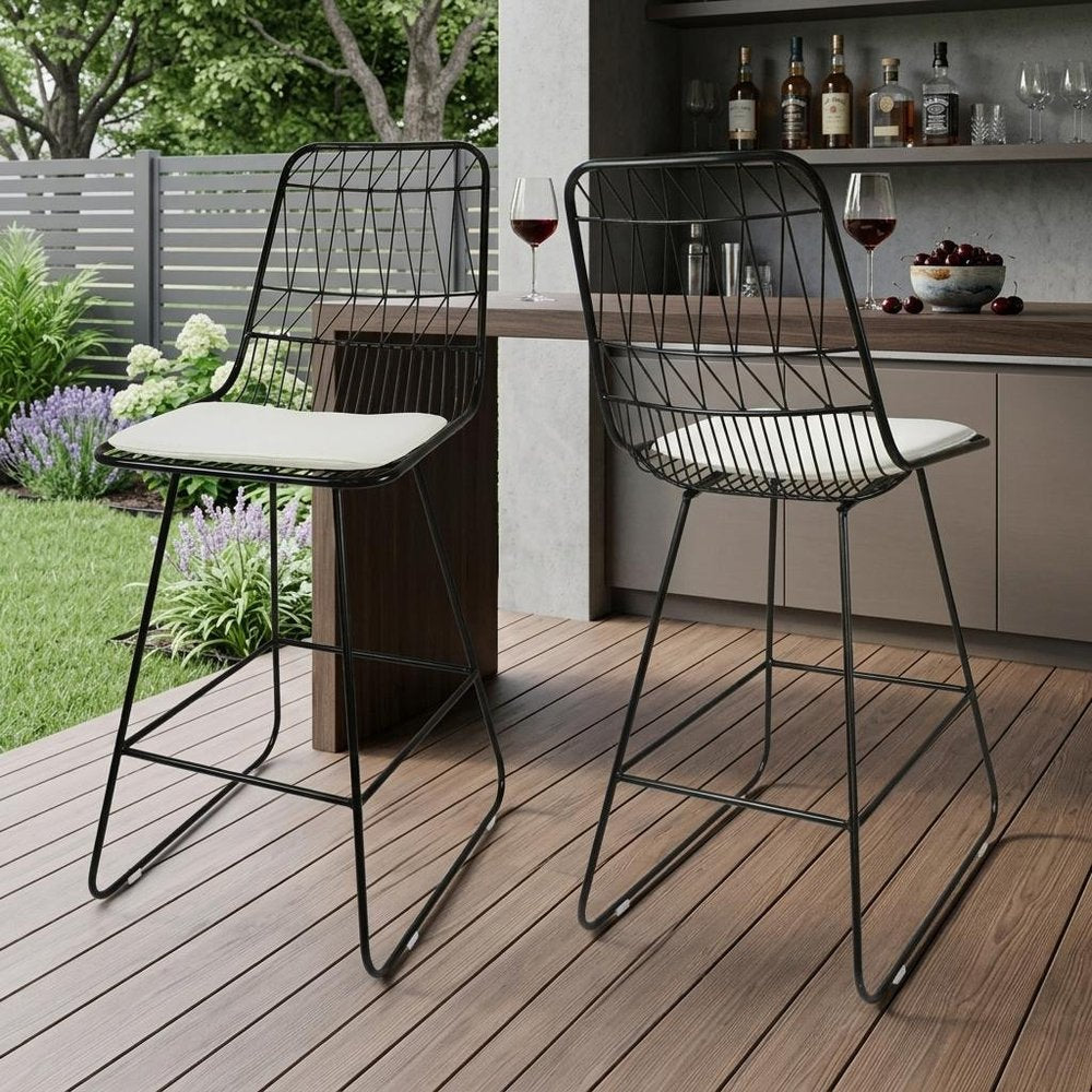 Set of Two 30" Black Iron Outdoor Bar Height Chairs