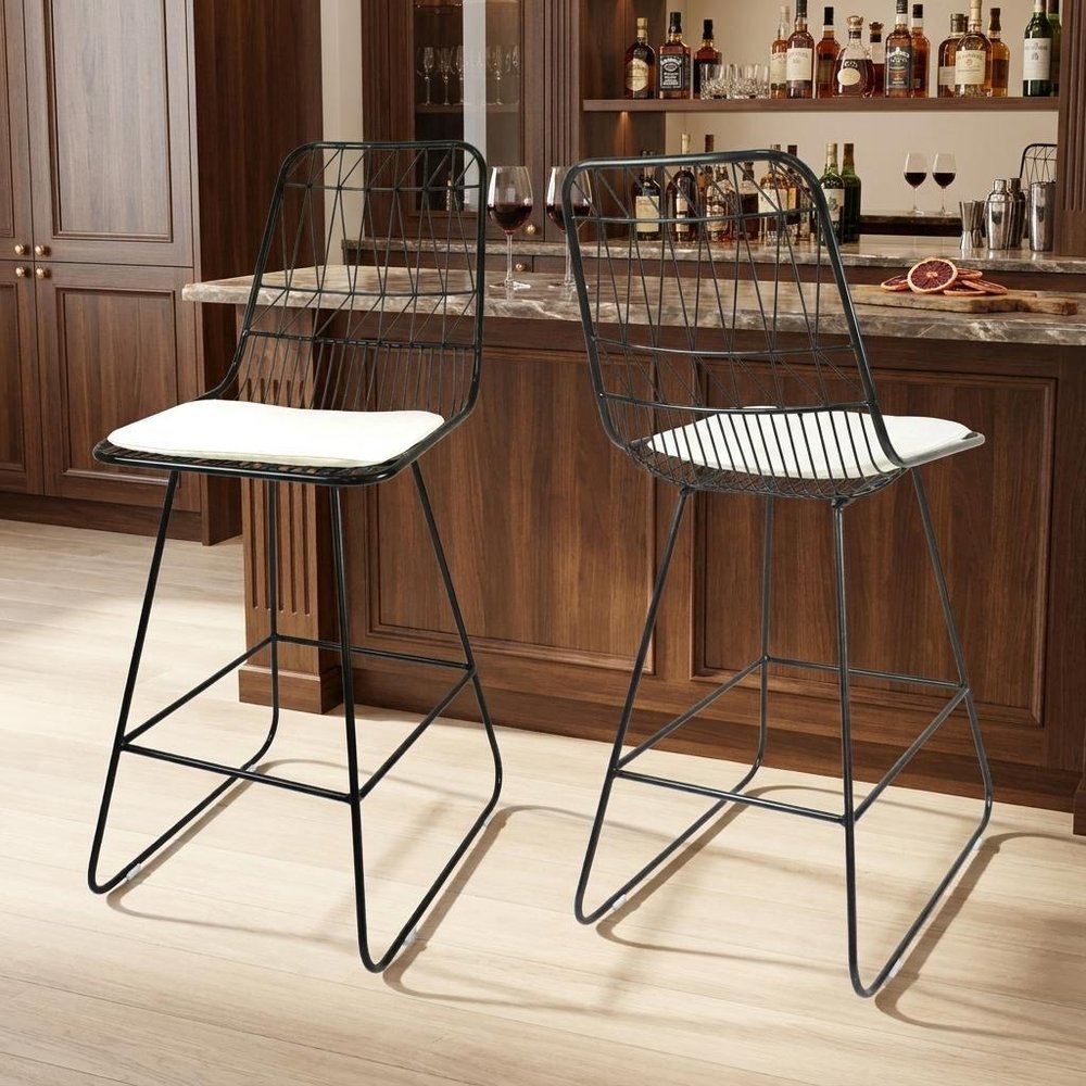 Set of Two 30" Black Iron Outdoor Bar Height Chairs