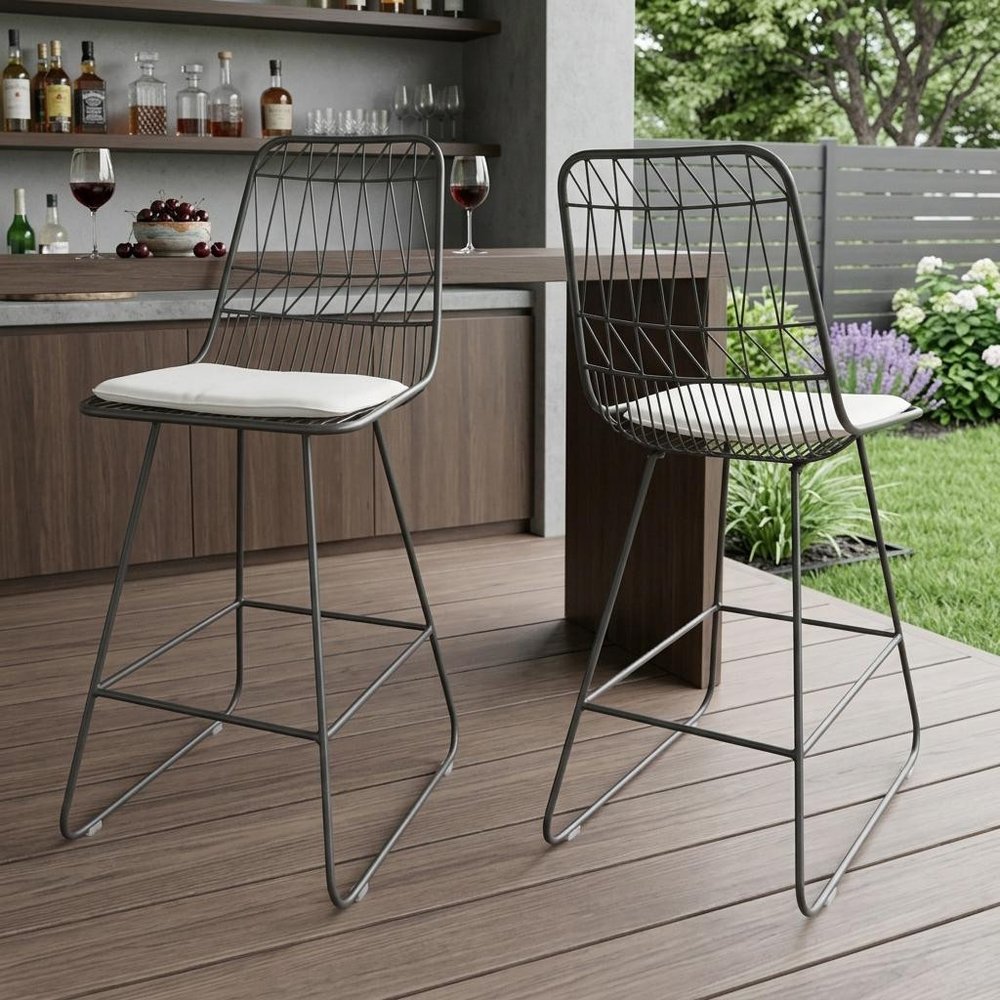 Set of Two 30" Gray Iron Outdoor Bar Height Chairs