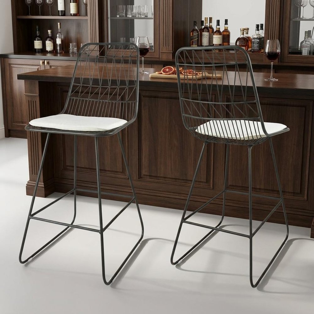 Set of Two 30" Gray And Ivory Iron And Cushion Outdoor Bar Height Chairs