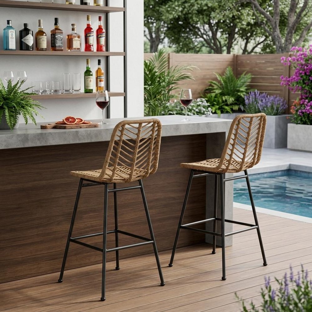 Set of Two 30" Black and Brown Iron Outdoor Bar Height Chairs