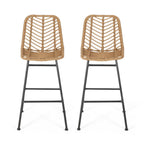 Set of Two 30" Black and Brown Iron Outdoor Bar Height Chairs