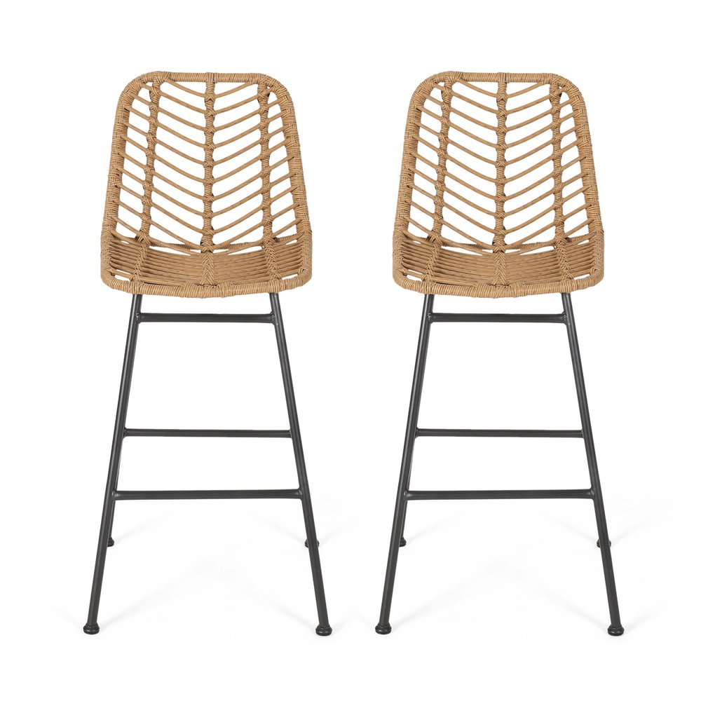 Set of Two 30" Black and Brown Iron Outdoor Bar Height Chairs