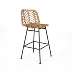 Set of Two 30" Black and Brown Iron Outdoor Bar Height Chairs