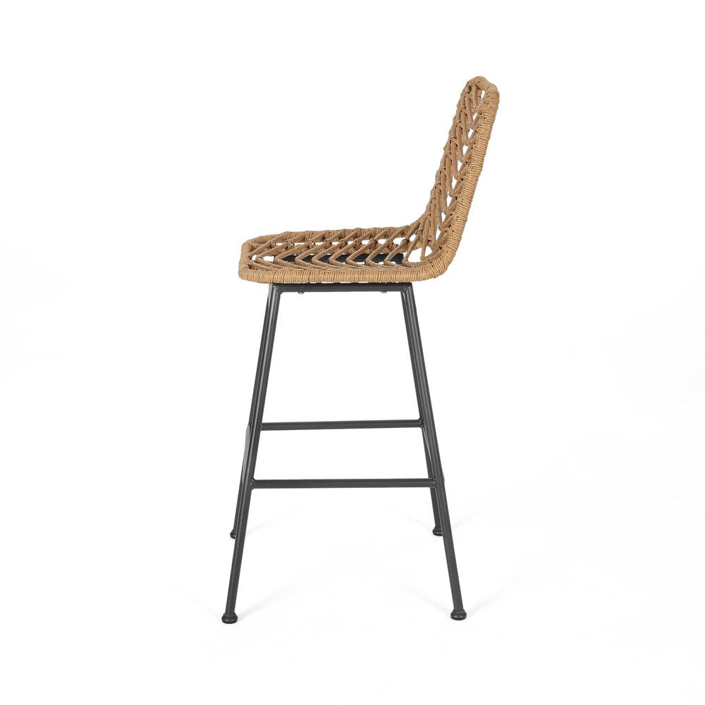 Set of Two 30" Black and Brown Iron Outdoor Bar Height Chairs