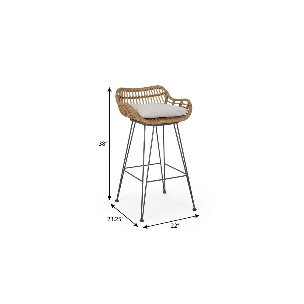 Set of Two 30" Black and Beige Iron Low Back Outdoor Bar Height Chairs