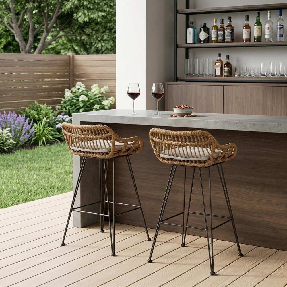 Set of Two 30" Black and Beige Iron Low Back Outdoor Bar Height Chairs