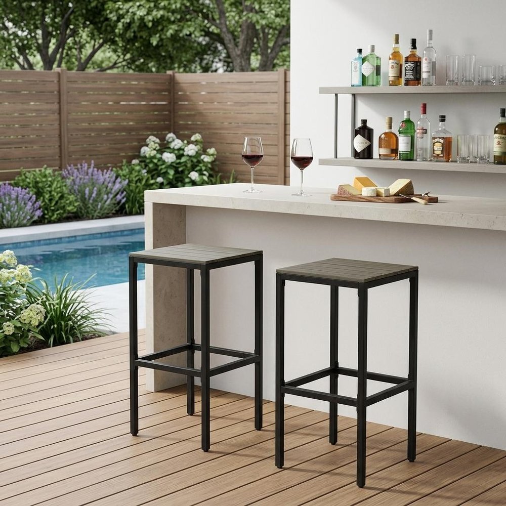 Set of Two 30" Gray Solid Wood Backless Outdoor Bar Height Chairs