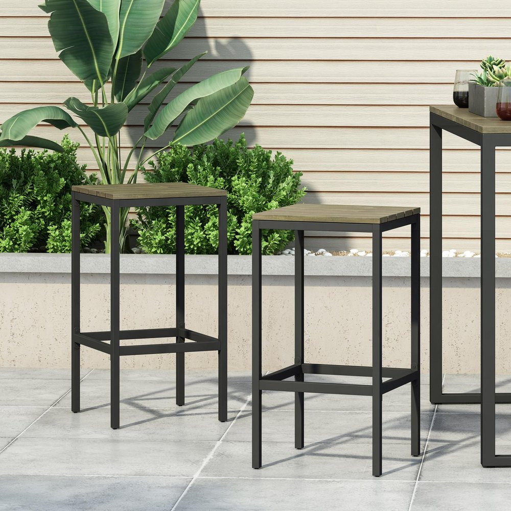 Set of Two 30" Gray Solid Wood Backless Outdoor Bar Height Chairs