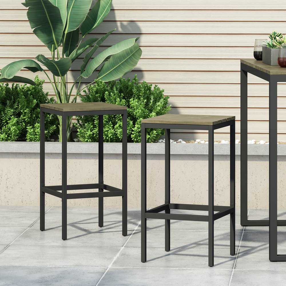 Set of Two 30" Gray Solid Wood Backless Outdoor Bar Height Chairs