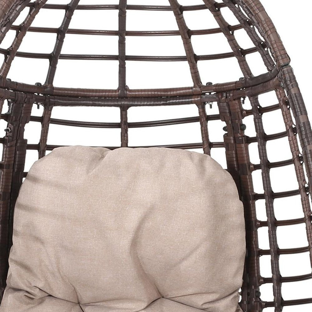 31" Beige Metal Outdoor Egg Chair with Brown Cushion
