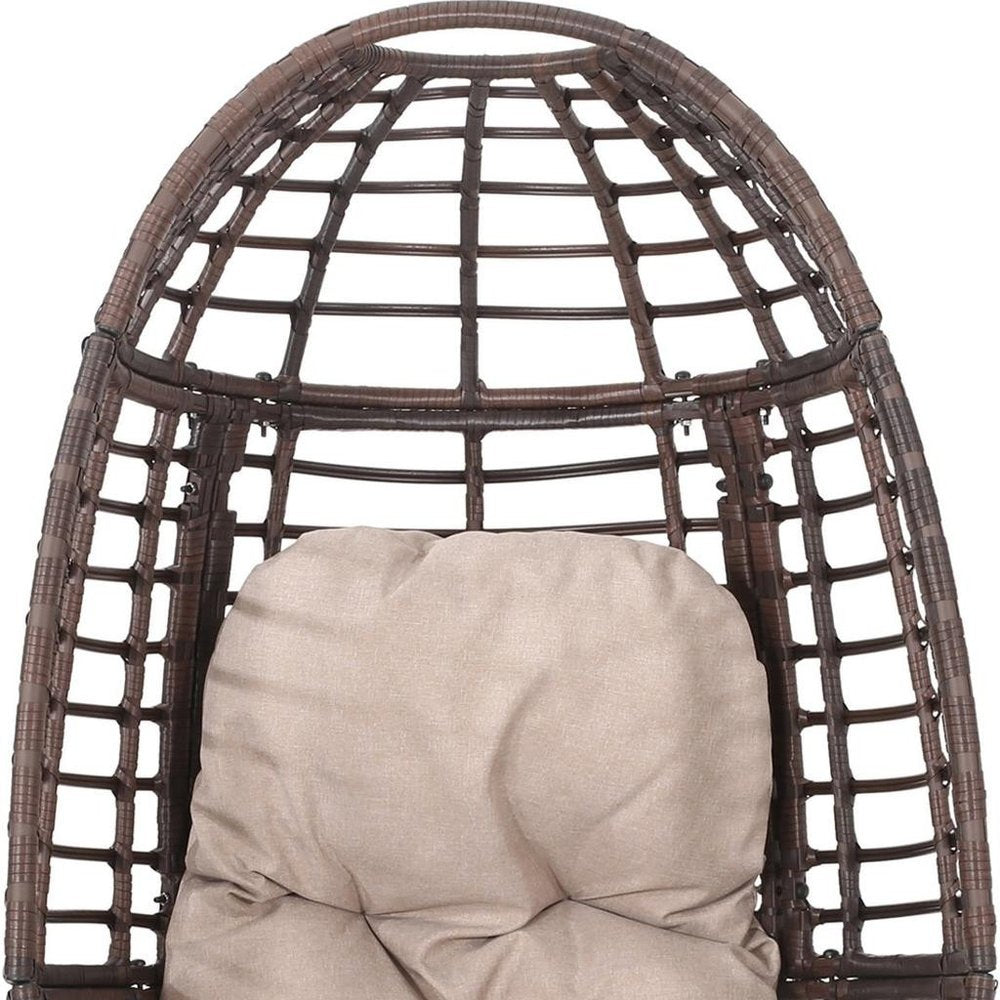31" Beige Metal Outdoor Egg Chair with Brown Cushion