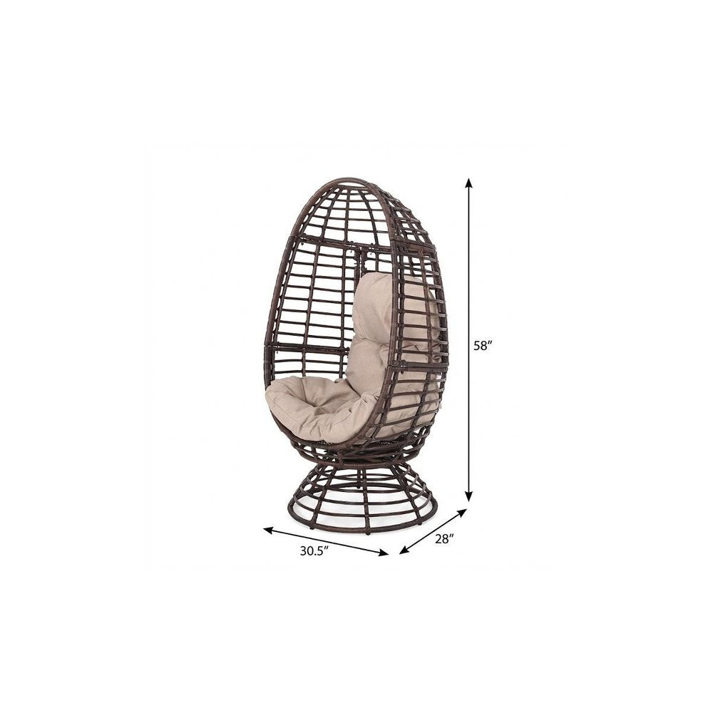 31" Beige Metal Outdoor Egg Chair with Brown Cushion