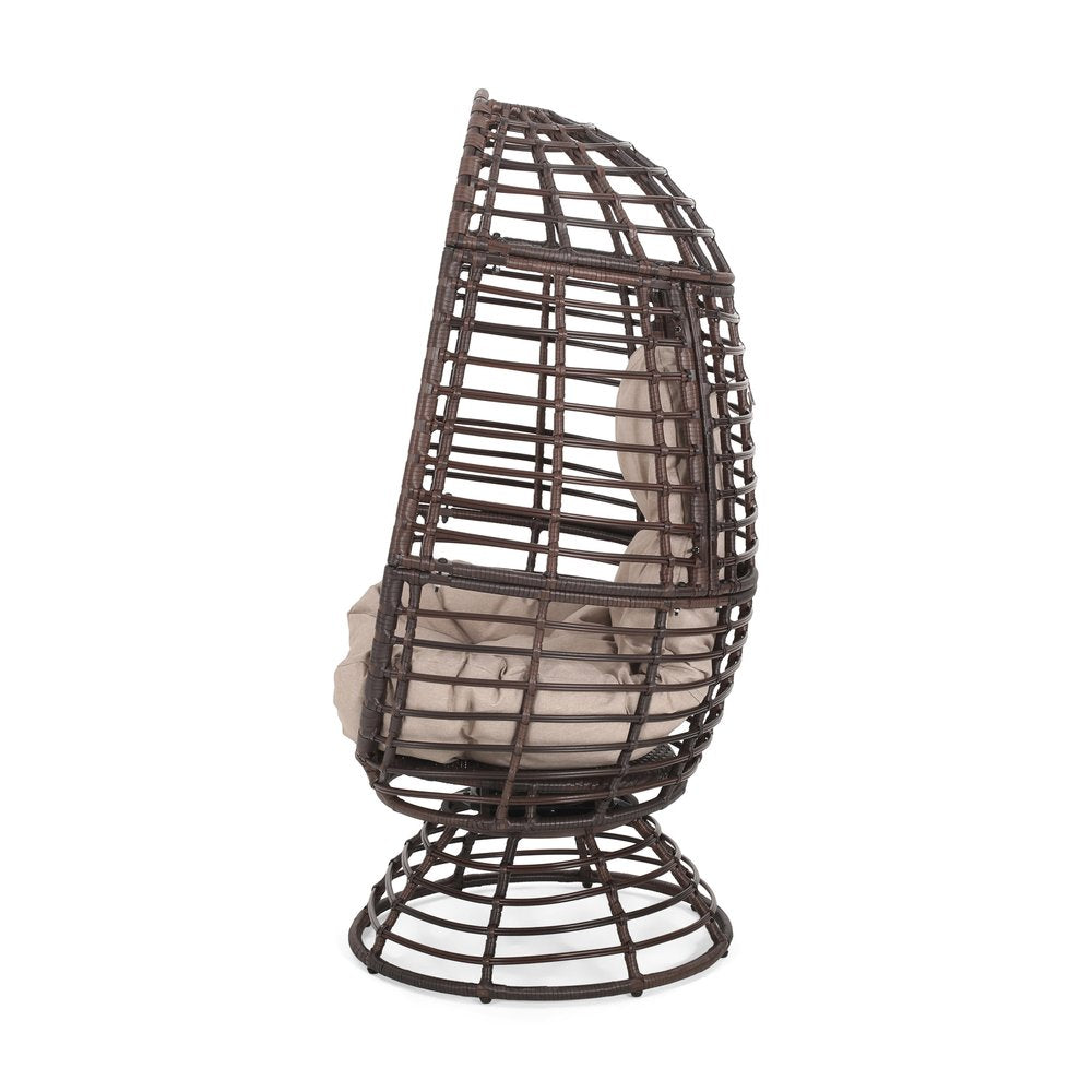 31" Beige Metal Outdoor Egg Chair with Brown Cushion