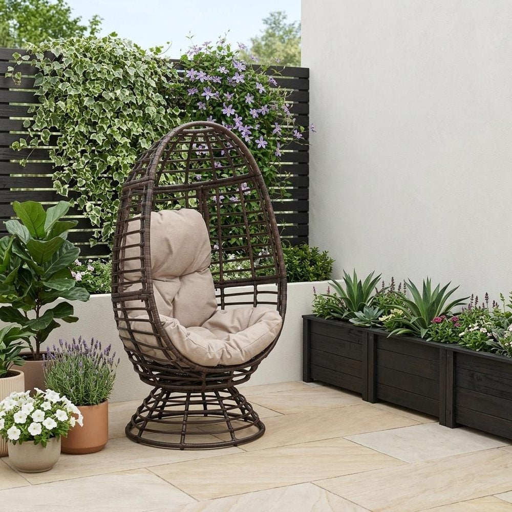 31" Beige Metal Outdoor Egg Chair with Brown Cushion