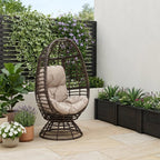 31" Beige Metal Outdoor Egg Chair with Brown Cushion