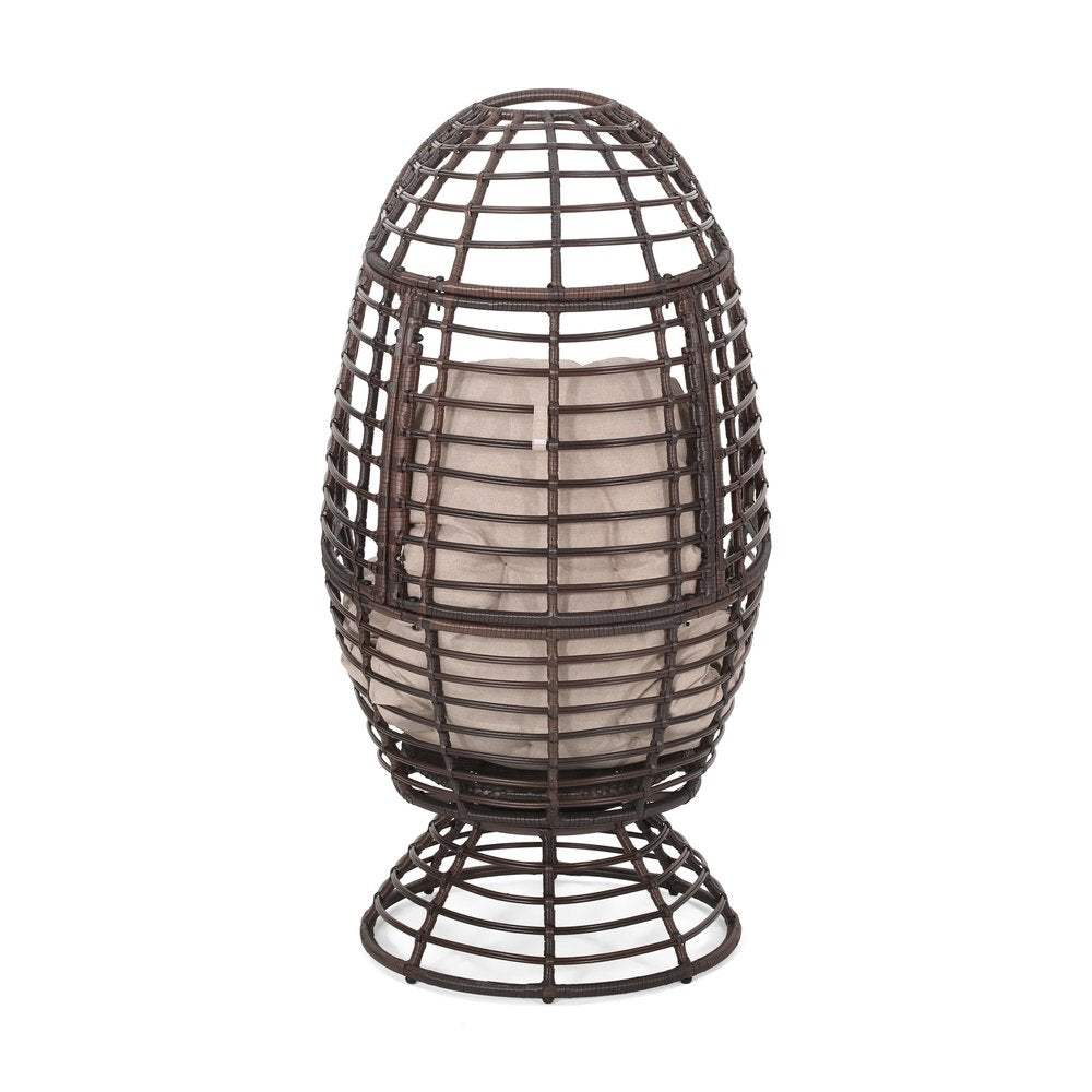 31" Beige Metal Outdoor Egg Chair with Brown Cushion