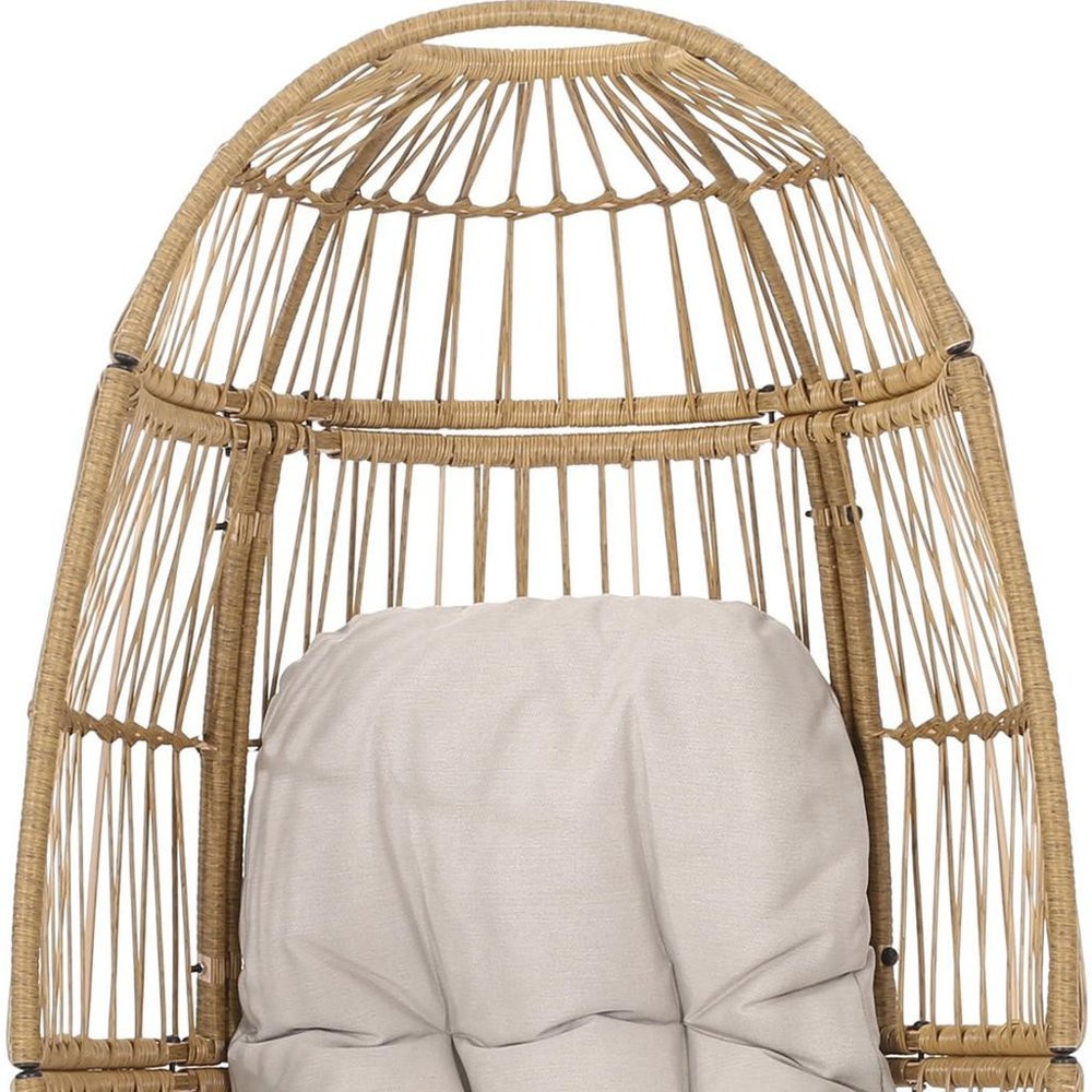31" White Metal Outdoor Egg Chair with Beige Cushion
