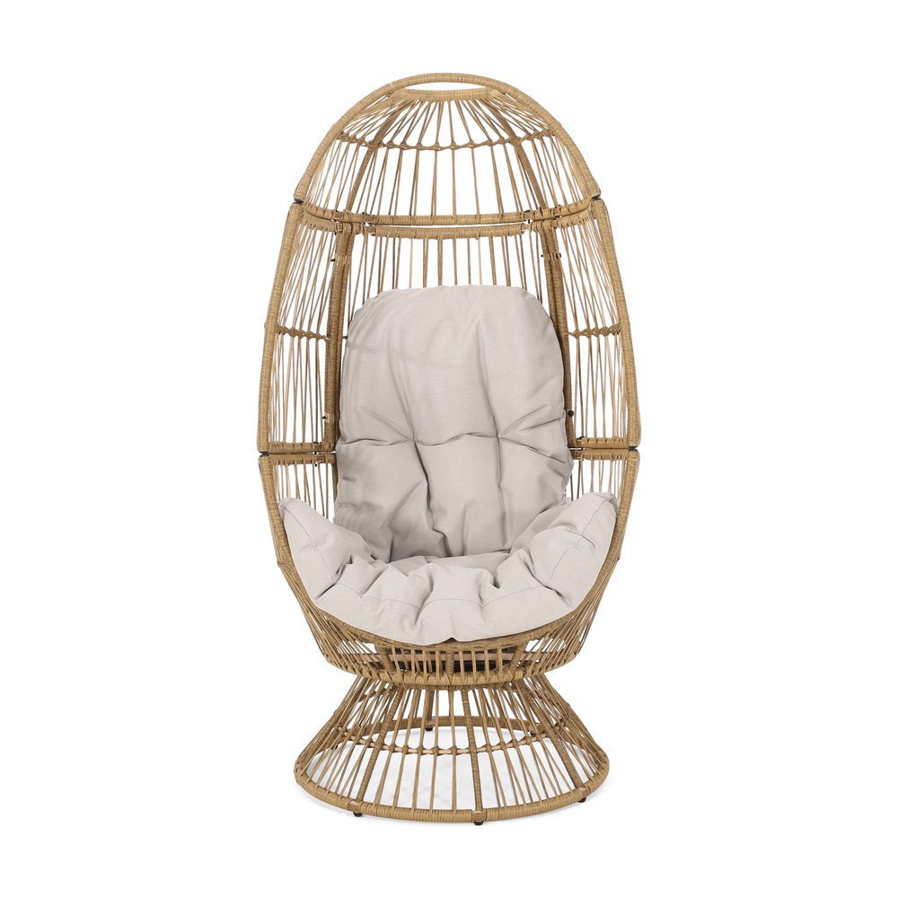 31" White Metal Outdoor Egg Chair with Beige Cushion