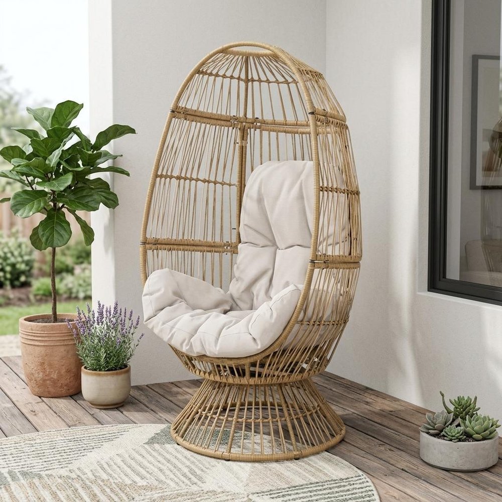 31" White Metal Outdoor Egg Chair with Beige Cushion
