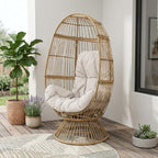 31" White Metal Outdoor Egg Chair with Beige Cushion