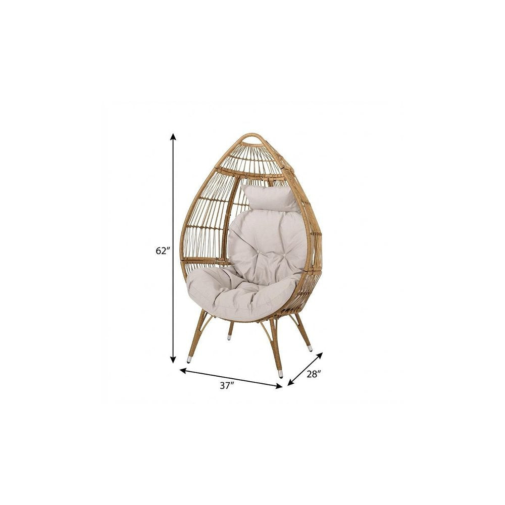 37" Beige Metal Outdoor Egg Chair with Beige Cushion
