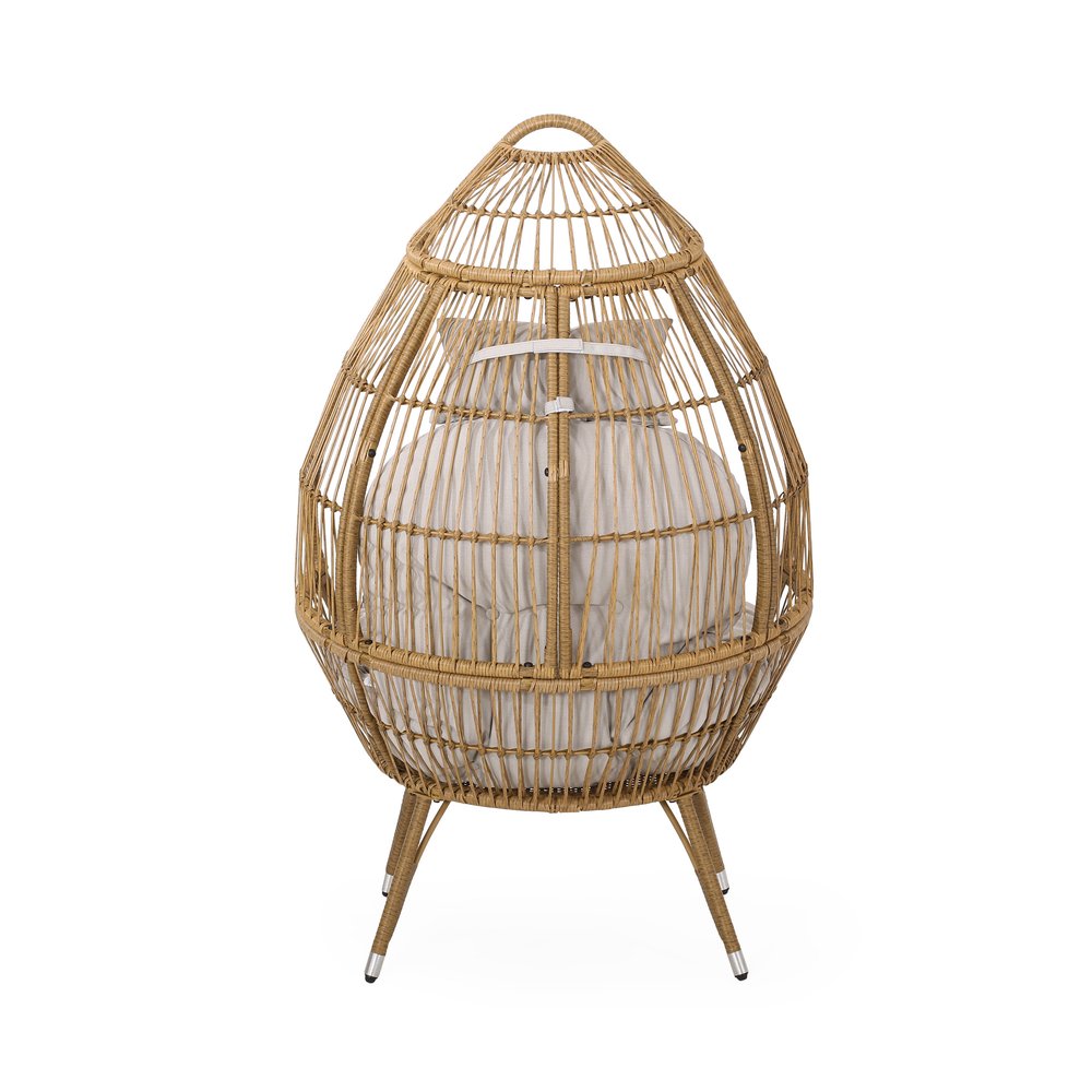 37" Beige Metal Outdoor Egg Chair with Beige Cushion