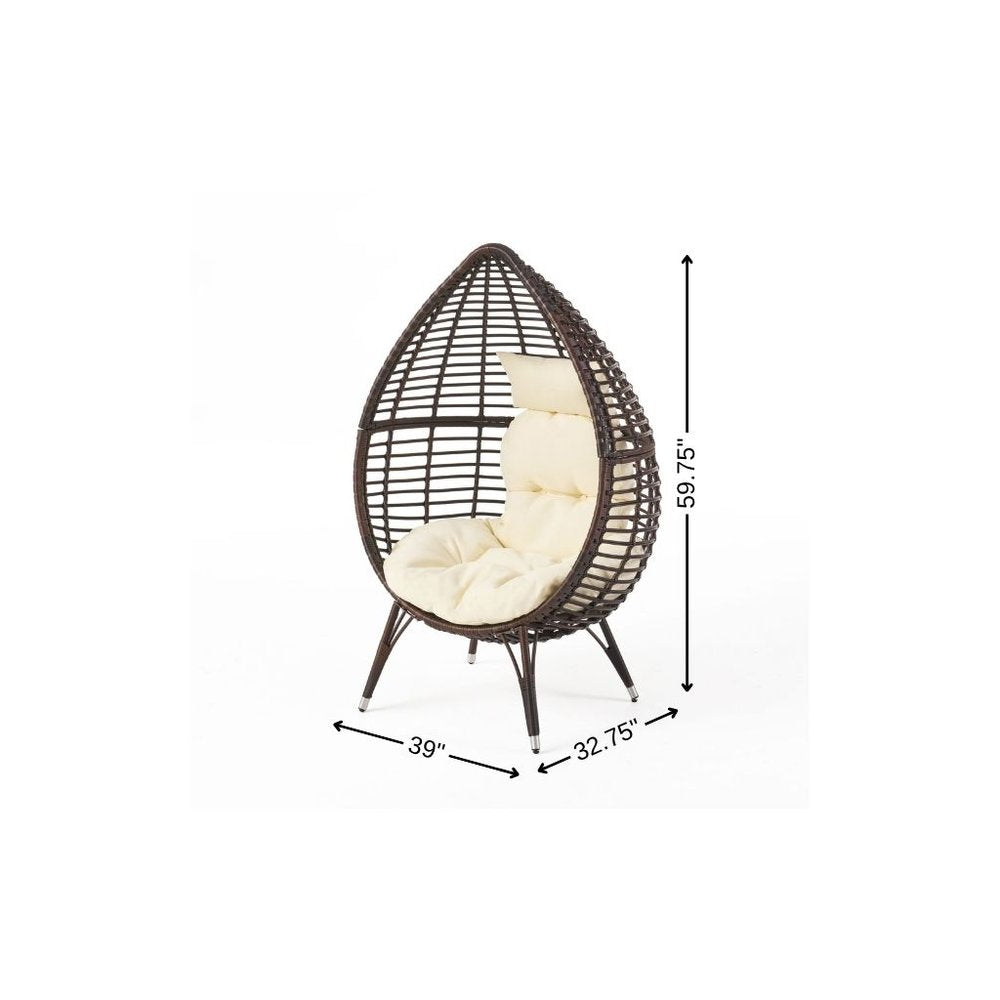 39" Beige Metal Outdoor Egg Chair with White Cushion