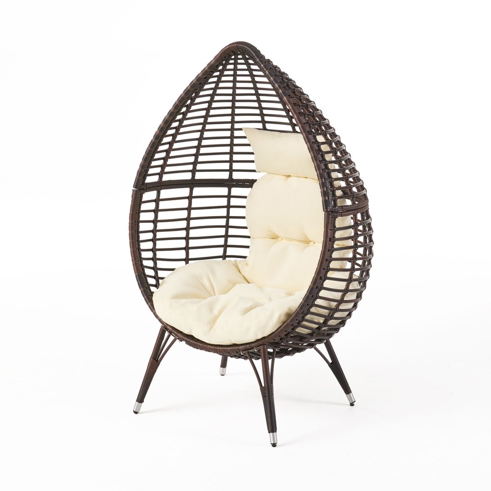 39" Beige Metal Outdoor Egg Chair with White Cushion