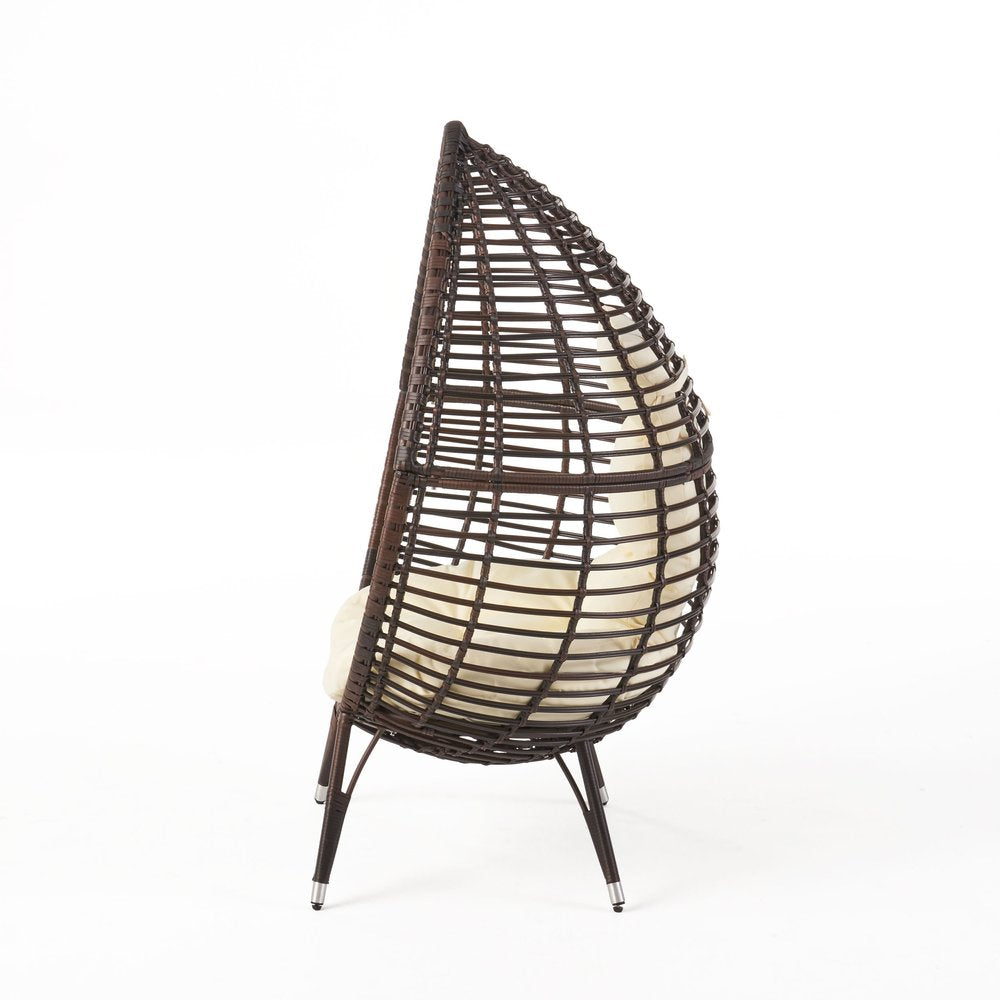 39" Beige Metal Outdoor Egg Chair with White Cushion