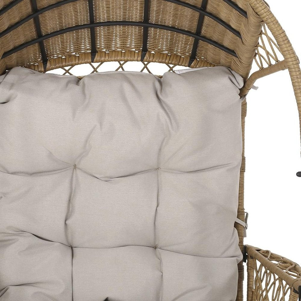 35" Beige Metal Outdoor Egg Chair with Gray Cushion