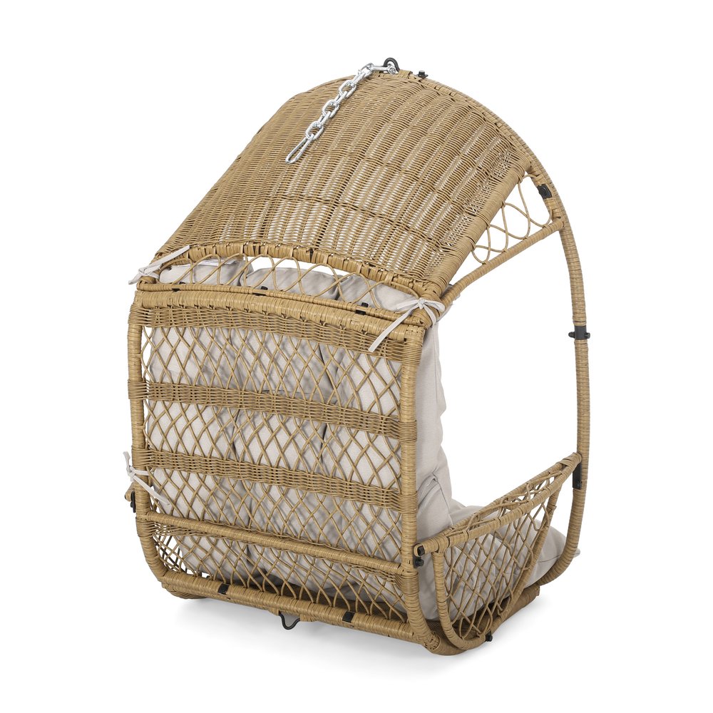 35" Beige Metal Outdoor Egg Chair with Gray Cushion
