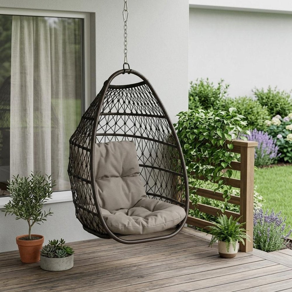 29" Brown Metal Outdoor Egg Chair with Brown Cushion