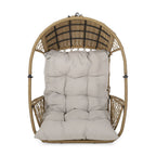 35" Beige Metal Outdoor Egg Chair with Gray Cushion