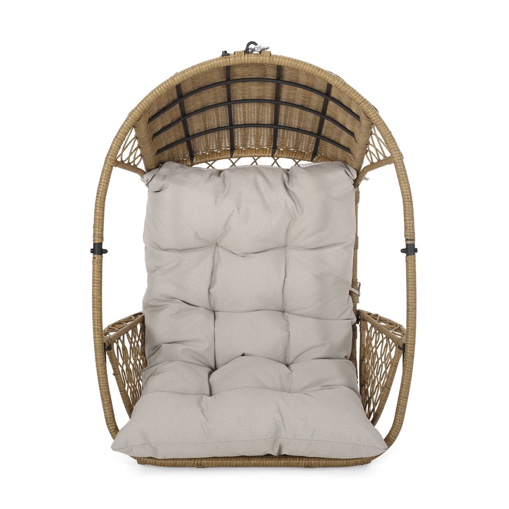 35" Beige Metal Outdoor Egg Chair with Gray Cushion