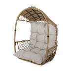 35" Beige Metal Outdoor Egg Chair with Gray Cushion