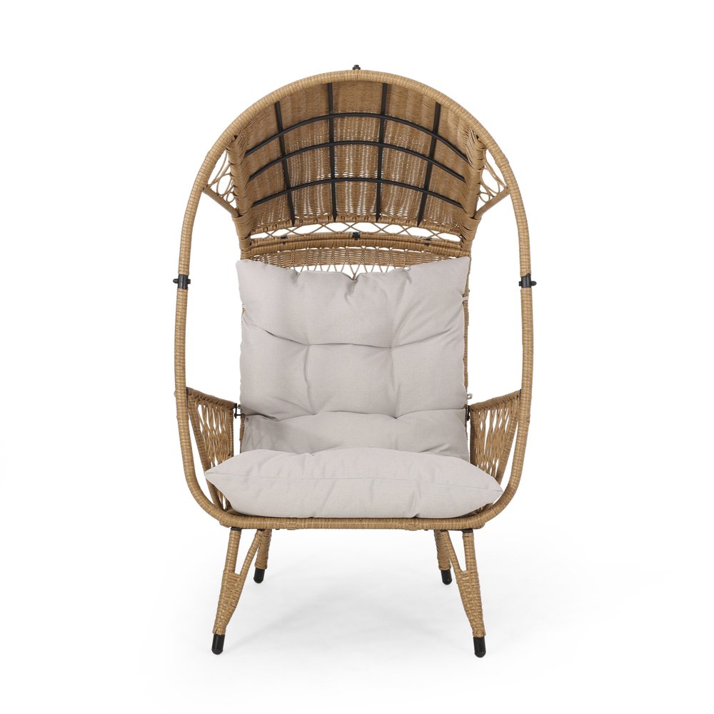37" Beige Metal Outdoor Egg Chair with Beige Cushion