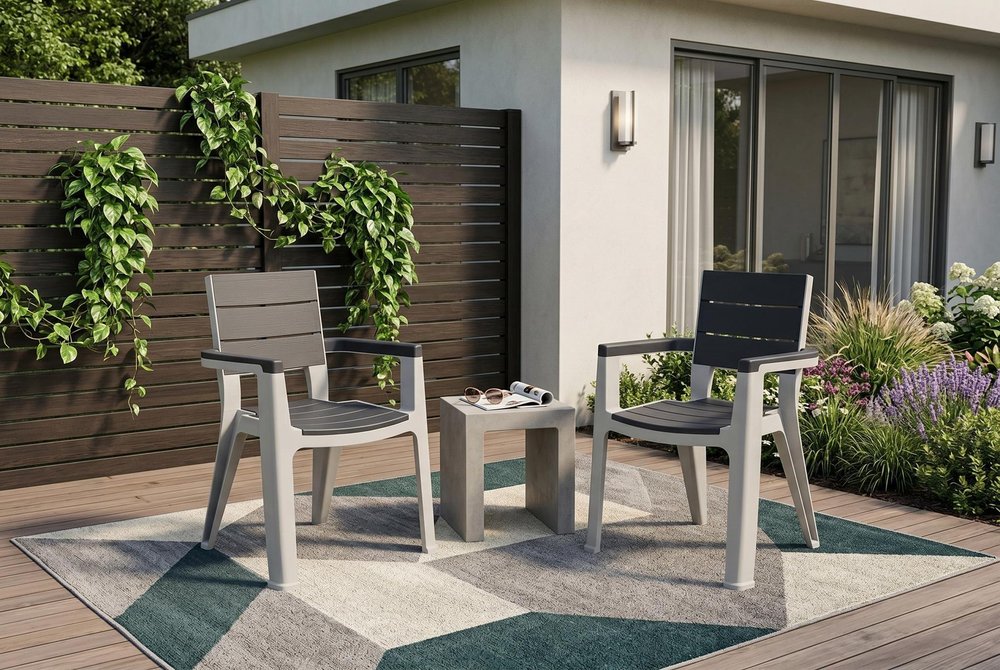 Nine Piece Gray Plastic Outdoor Patio Set With Table