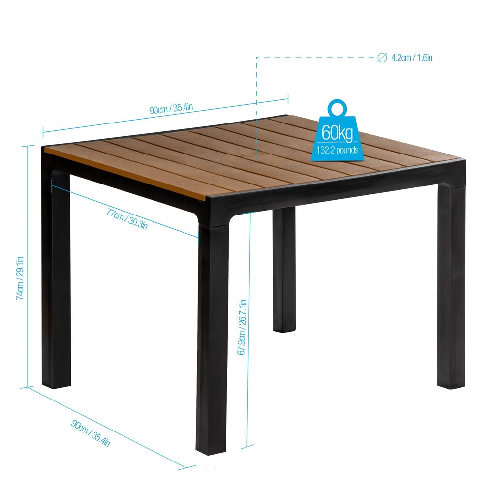 35" Black Heavy Duty Plastic Square Outdoor Dining Table with Umbrella Hole