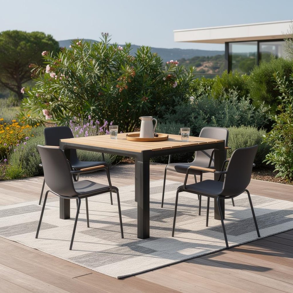 35" Black Heavy Duty Plastic Square Outdoor Dining Table with Umbrella Hole