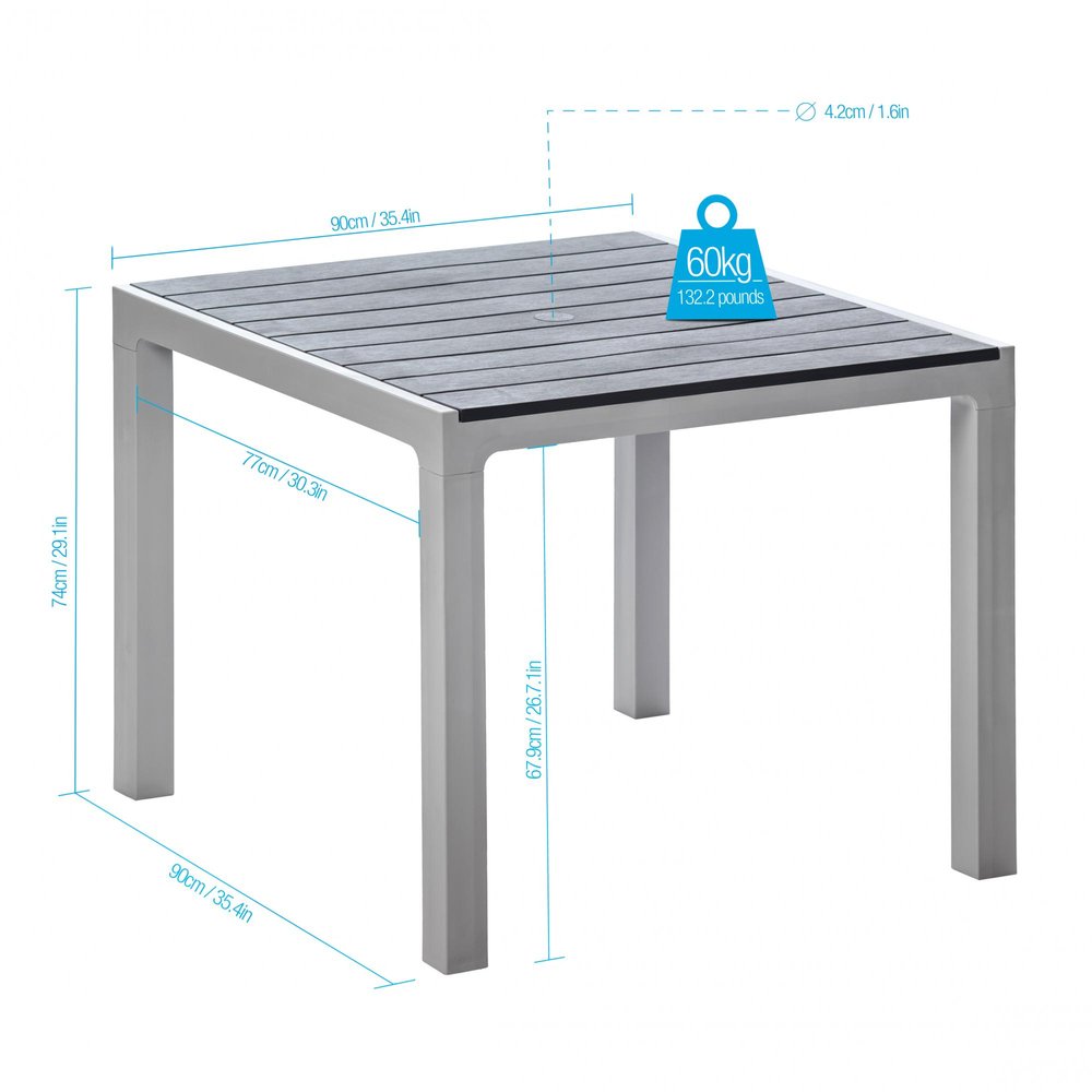 35" Gray Heavy Duty Plastic Square Outdoor Dining Table with Umbrella Hole