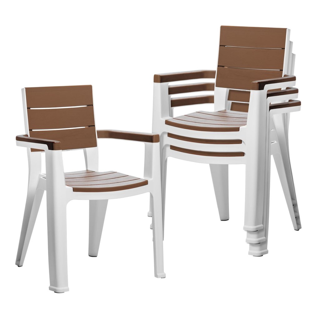 Set of Four White Textured Heavy Duty Plastic Outdoor Stacking Arm Chairs