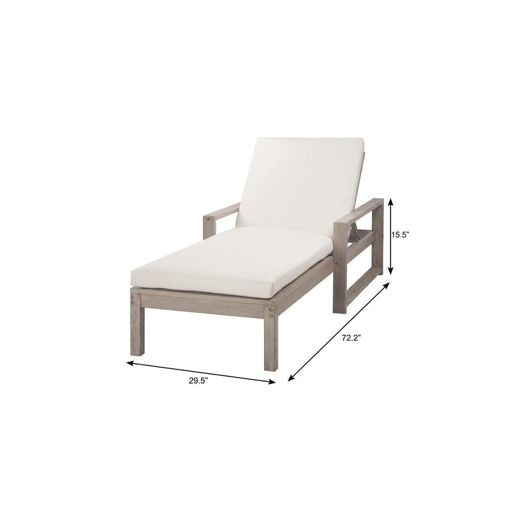 72" Gray Solid and Manufactured Wood Five Position Adjustable Outdoor Chaise Lounge with White Cushion