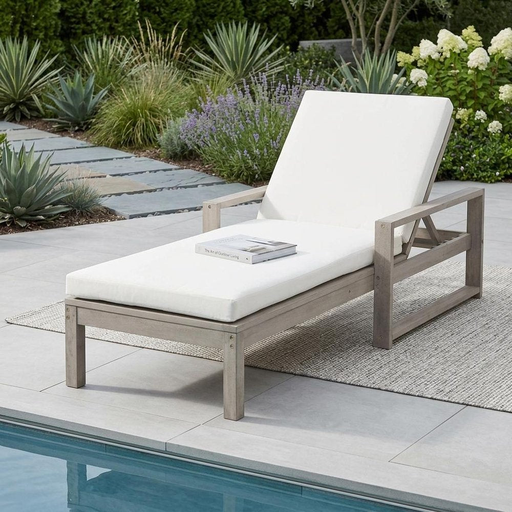 72" Gray Solid and Manufactured Wood Five Position Adjustable Outdoor Chaise Lounge with White Cushion