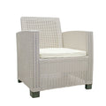 Three Piece Taupe and Beige Plastic Upholstered Cushions Two Person Seating Group With Table