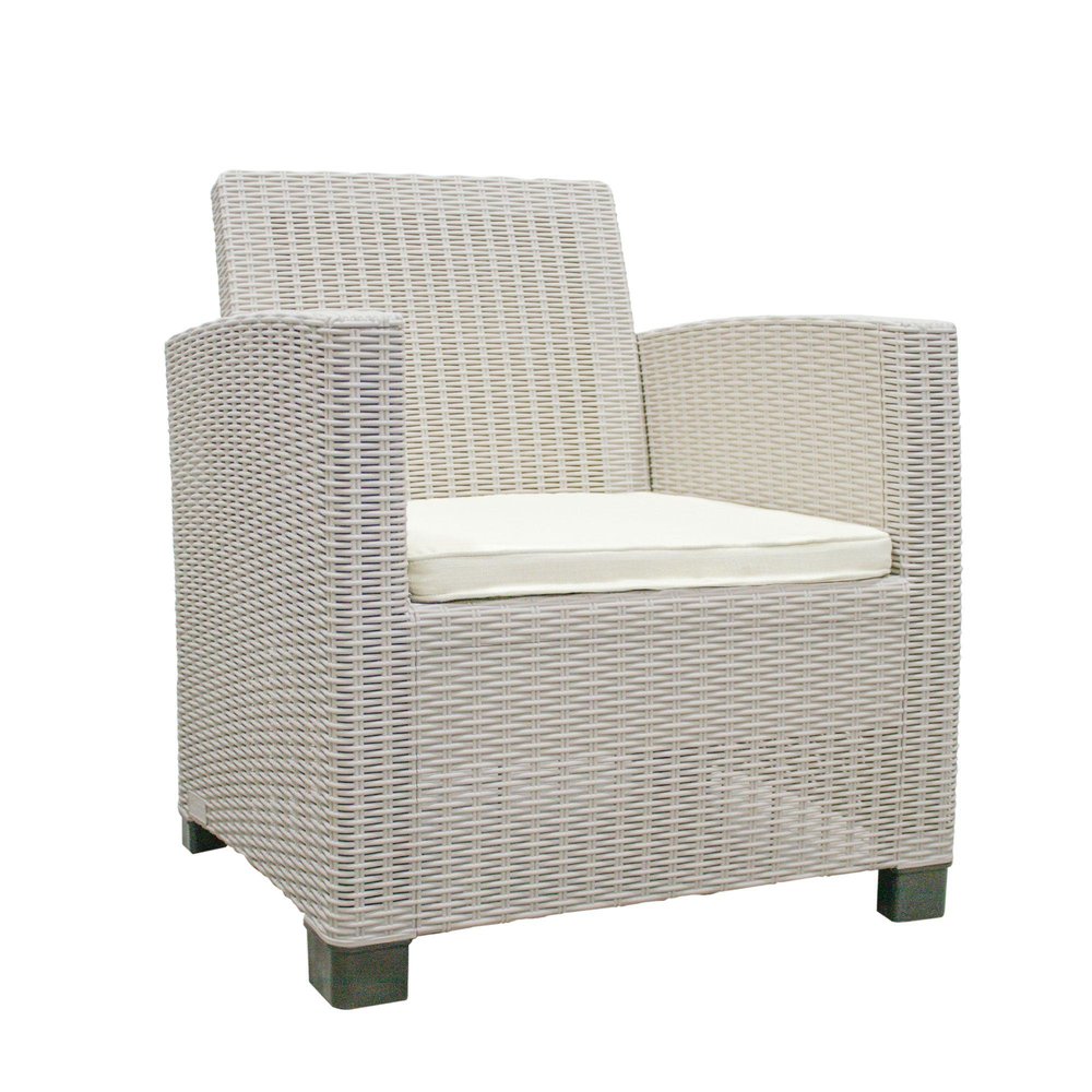 Three Piece Taupe and Beige Plastic Upholstered Cushions Two Person Seating Group With Table
