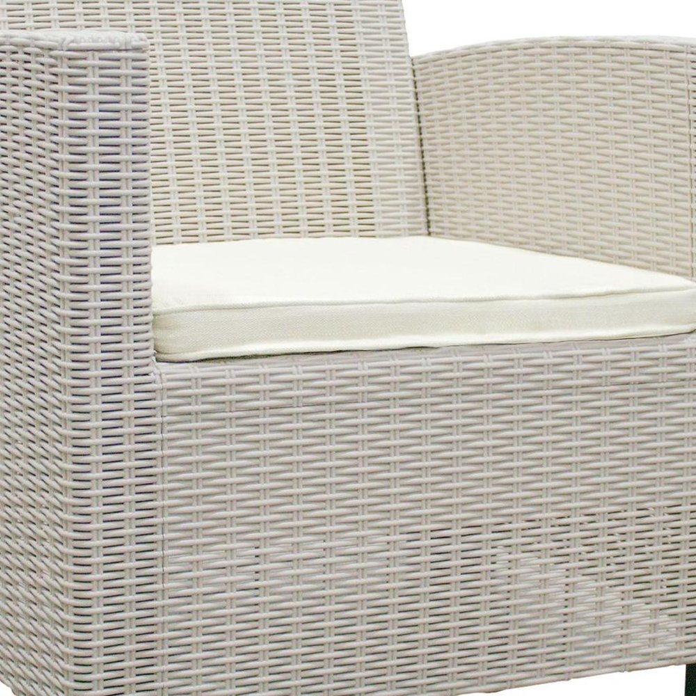 Three Piece Taupe and Beige Plastic Upholstered Cushions Two Person Seating Group With Table
