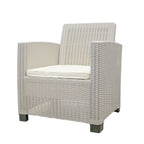 Three Piece Taupe and Beige Plastic Upholstered Cushions Two Person Seating Group With Table