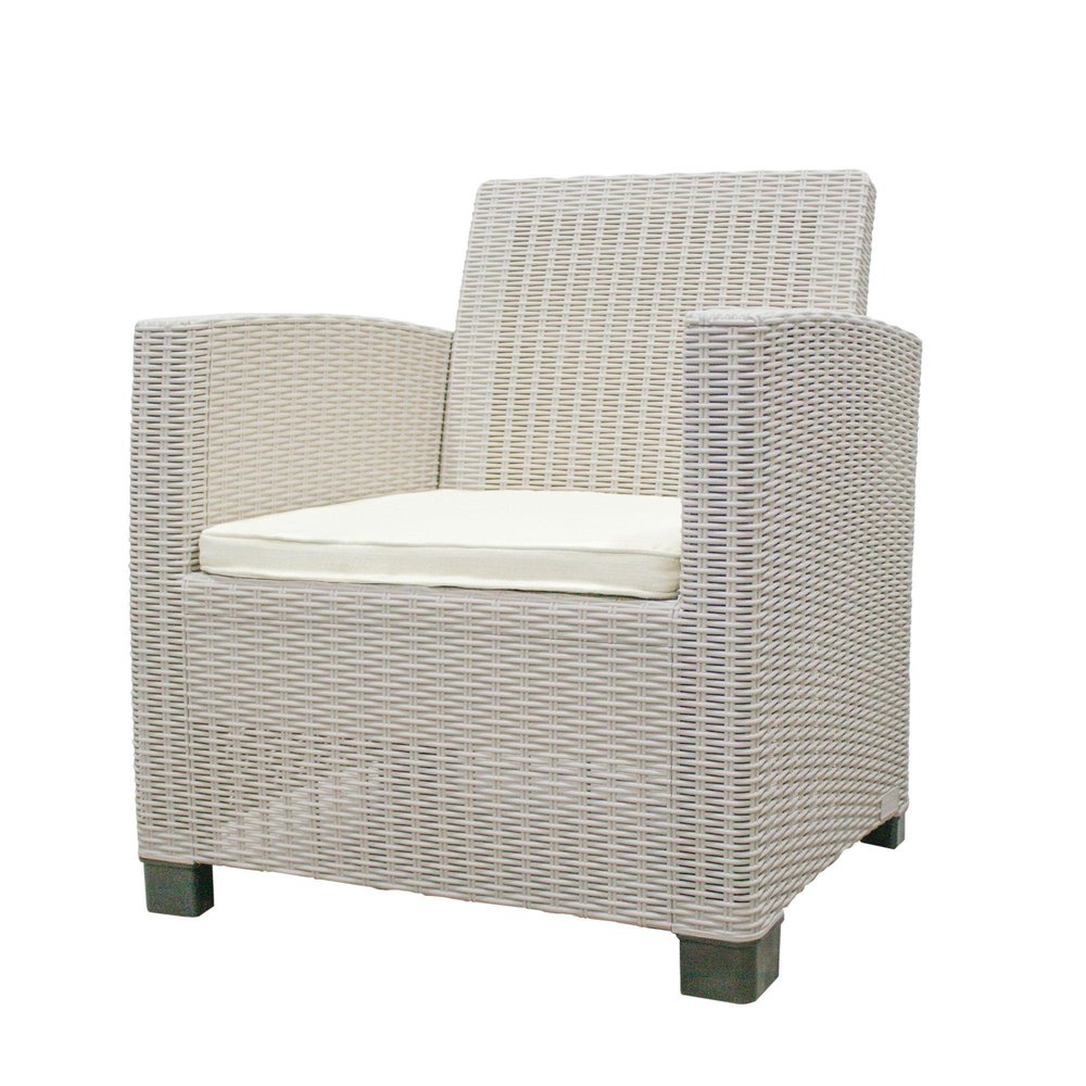 Three Piece Taupe and Beige Plastic Upholstered Cushions Two Person Seating Group With Table