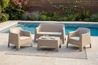 Four Piece Taupe and Beige Plastic Upholstered Cushions Outdoor Patio Set With Table